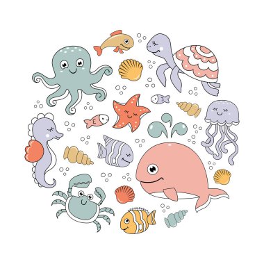 Okyanus sevimli deniz hayvanları ile ayarlayın. Deniz altında desen yuvarlak
