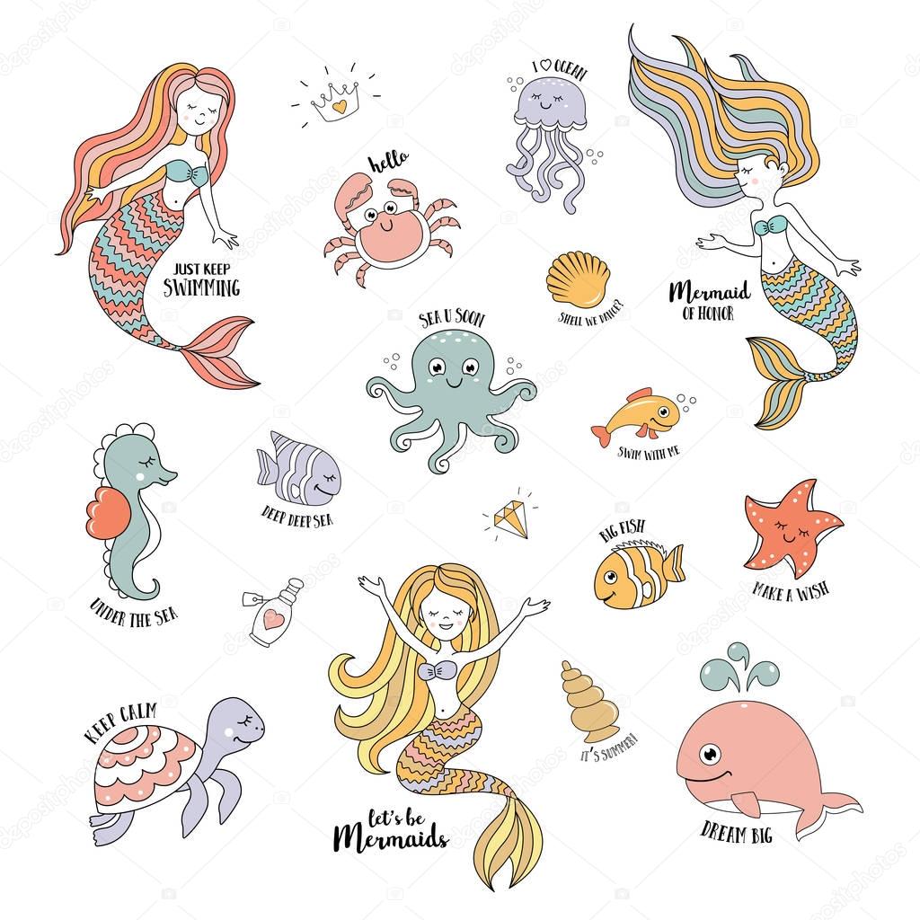 Mermaids cartoon characters with cute sea animals vector set