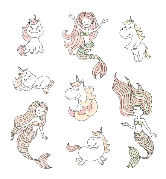 Cute Little Mermaids Magical Unicorns Vector Set Royalty Free Stock Illustrations