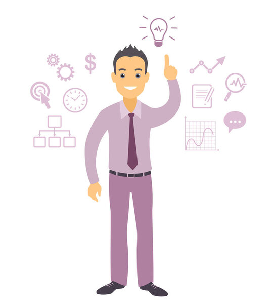 Персонаж бизнесмена указывает на лампочку как на идею
