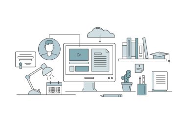 Online Eğitim ve e-öğrenme kavramı düz vektör çizim