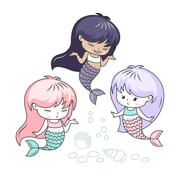 Little Mermaids Cartoon Characters Vector Illustration — Stock Vector