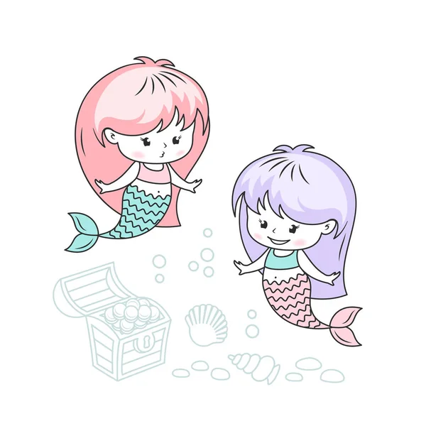 Little Mermaids Treasures Vector Illustration — Stock Vector