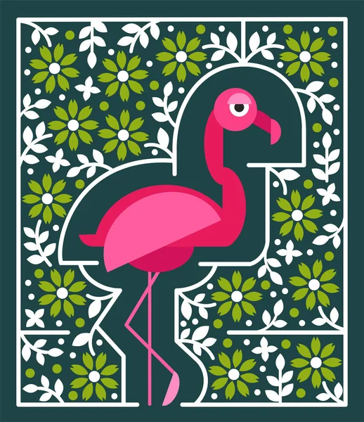 Pink flamingo with flowers. Tropical bird in flat geometric style vector illustration