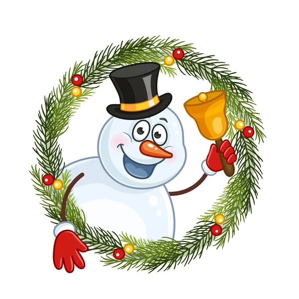 Bonhomme Neige Avec Une Cloche Dans Une Couronne Noël — Image vectorielle