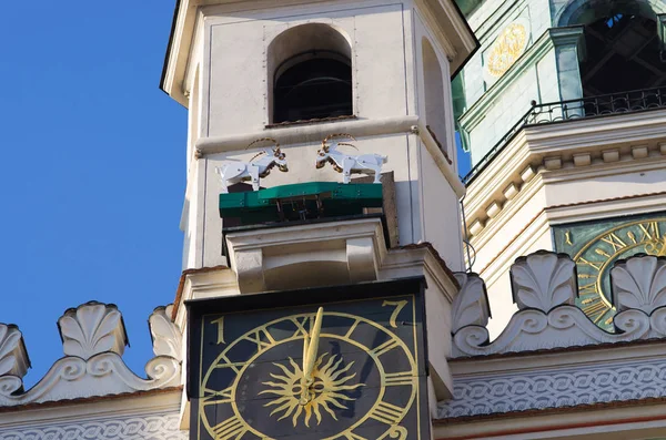 Capre che combattono sulla torre - simbolo di Poznan, Polonia — Foto Stock