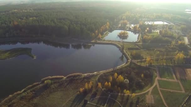 Vista aérea de um lago de outono na floresta com vista de um olho de pássaro — Vídeo de Stock