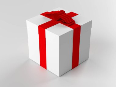 Beyaz kutu kırmızı kurdele ile. 3D render