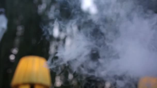 Weißer Rauch von einer Wasserpfeife auf einem Hintergrund von Bäumen — Stockvideo