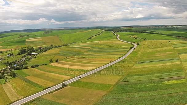 Вид с воздуха на посевные поля возле автомагистрали — стоковое видео