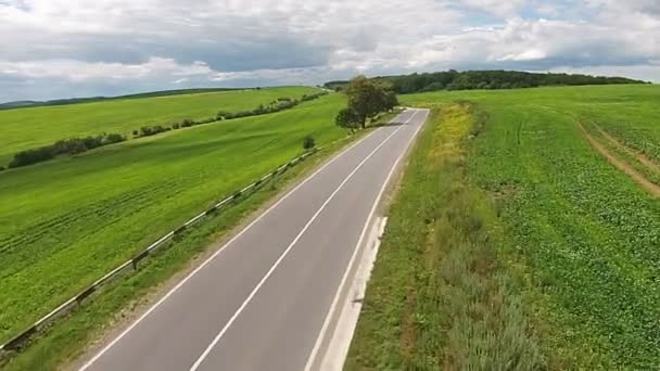 Flygfoto över de sådda fält nära motorvägen — Stockvideo