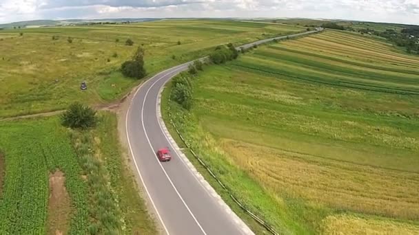 Widok z lotu ptaka powierzchni zasiewów w pobliżu autostrady — Wideo stockowe