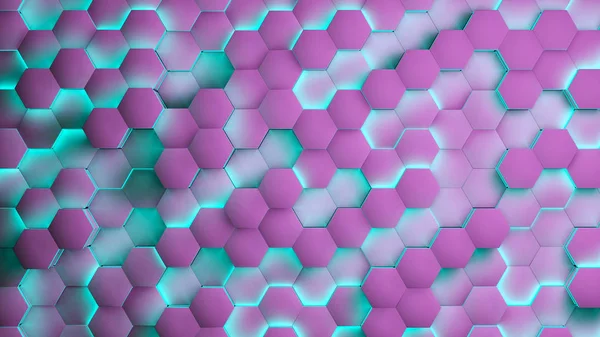 Texturas hexágonas com luz azul e roxa. Renderização 3D — Fotografia de Stock