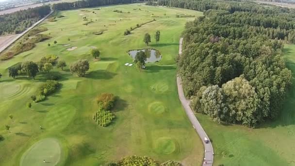 Eine Drohne fliegt über einen grünen Golfplatz — Stockvideo