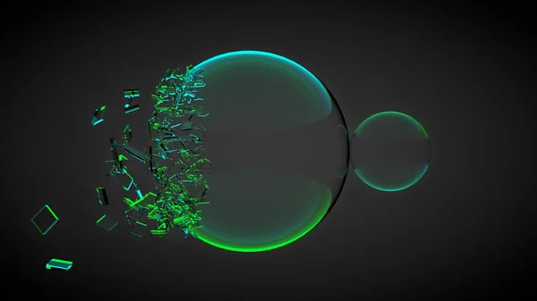 Two balls, one of them broken, with splinters. With blue and green light. 3D render — Stock Photo, Image