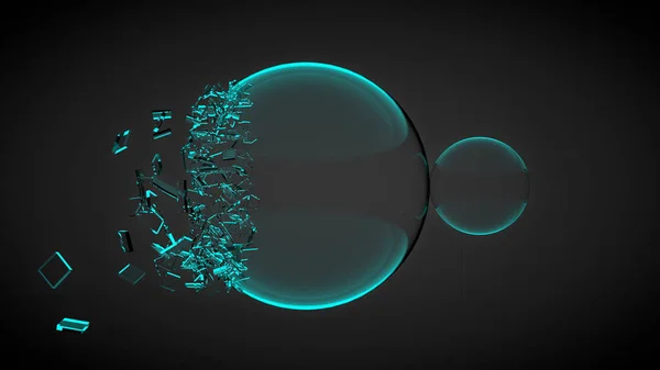 Due palle, una rotta, con schegge. Con la luce blu. Rendering 3D — Foto Stock
