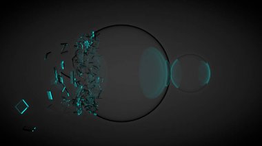 İki top, kırık, Kıymık ile onlardan biri. Mavi ışık ile. 3D render