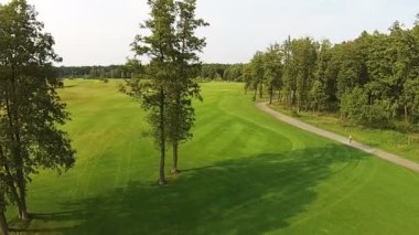 Göl ile yeşil bir golf sahası üzerinde bir uçak uçar