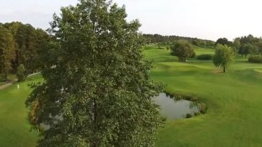 Bir dron yeşil bir golf sahası üzerinde uçar. Düğün töreni