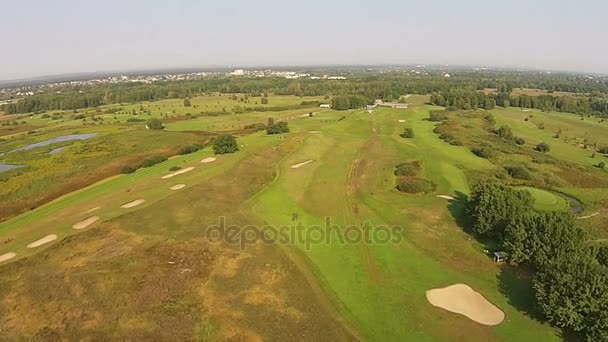 A drone flies over a green golf course with lake — Stock Video