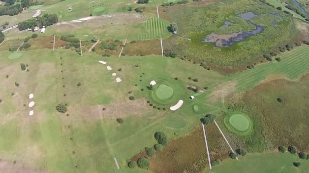 En drönare flyger över en grön golfbana med sjö — Stockvideo