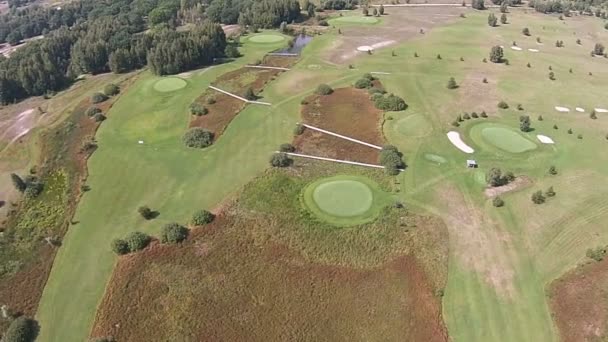 Eine Drohne fliegt über einen grünen Golfplatz mit Hochzeitsbogen — Stockvideo