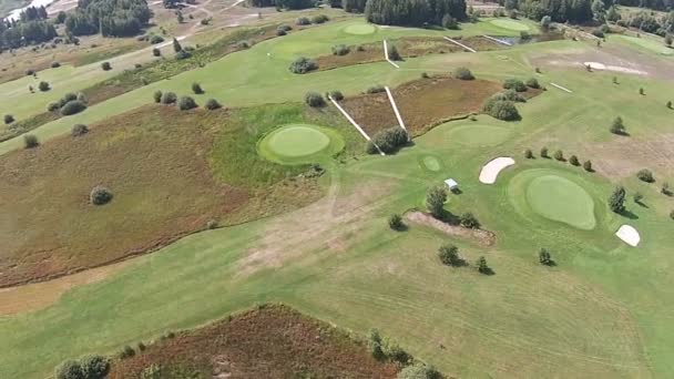 Un dron vuela sobre un campo de golf verde con arco de bodas — Vídeo de stock