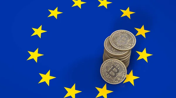 Bitcoin sikke yığını Avrupa Birliği bayrağı üzerinde duruyor. 3D render