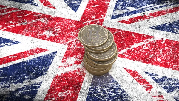 Een stapel van Bitcoin munten staat op de vlag van Groot-Brittannië. 3D render — Stockfoto