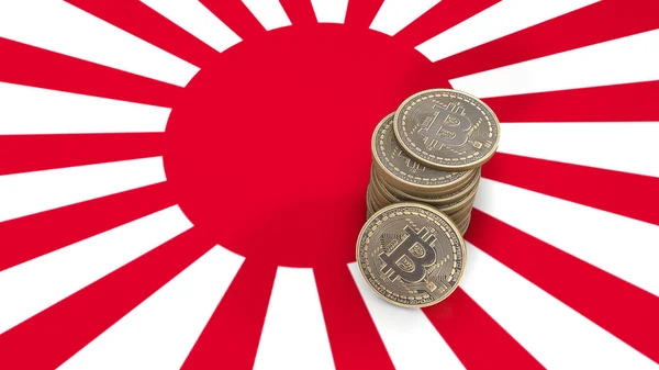 Een stapel van Bitcoin munten staat op de vlag van Japan. 3D render — Stockfoto