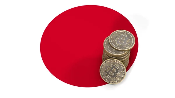 Een stapel van Bitcoin munten staat op de vlag van Japan. 3D render — Stockfoto