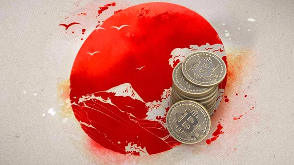 Een stapel van Bitcoin munten staat op de vlag van Japan. 3D render — Stockfoto