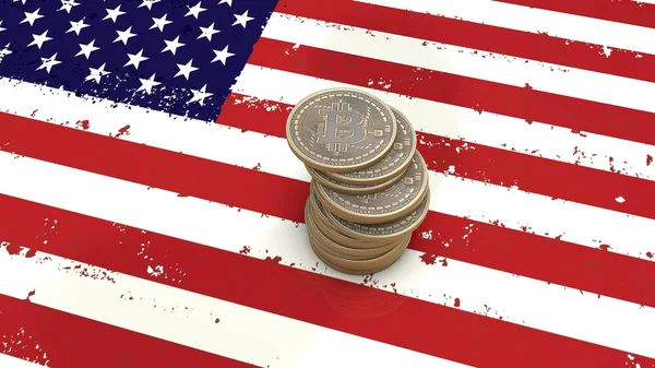 Een stapel van Bitcoin munten staat op de vlag van de Verenigde Staten. 3D render — Stockfoto