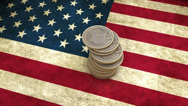 A pile of Bitcoin coins stands on the flag of USA. 3D render — Stock Photo, Image