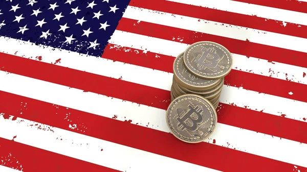 Bitcoin sikke yığını ABD bayrağı üzerinde duruyor. 3D render