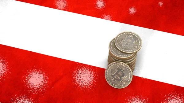 Bitcoin sikke yığını Avusturya bayrağı üzerinde duruyor. 3D render