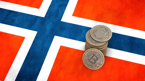 Een stapel van Bitcoin munten staat op de vlag van Noorwegen. 3D render — Stockfoto