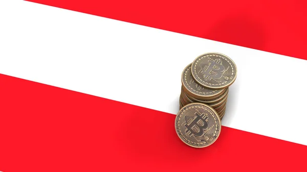 Een stapel van Bitcoin munten staat op de vlag van Oostenrijk. 3D render — Stockfoto
