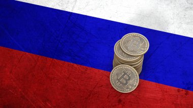Bitcoin sikke yığını Rusya bayrağı üzerinde duruyor. 3D render