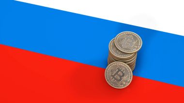 Bitcoin sikke yığını Rusya bayrağı üzerinde duruyor. 3D render