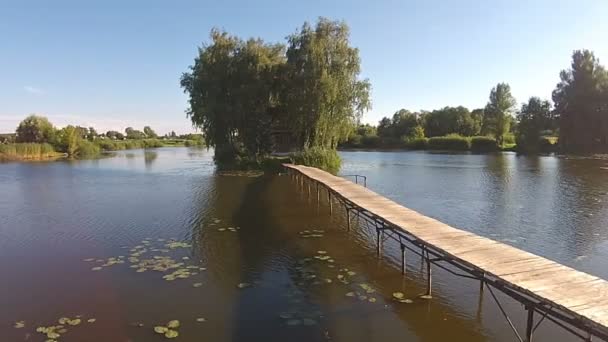 Bostadshus med träd i mitten av sjön — Stockvideo
