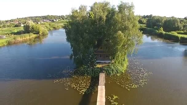 Жилой дом с деревьями в центре озера — стоковое видео