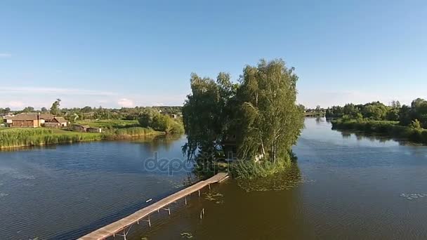 Житловий будинок з деревами посеред озера — стокове відео