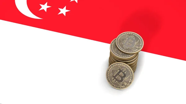 Een stapel van Bitcoin munten staat op de vlag van Singapure. 3D render — Stockfoto