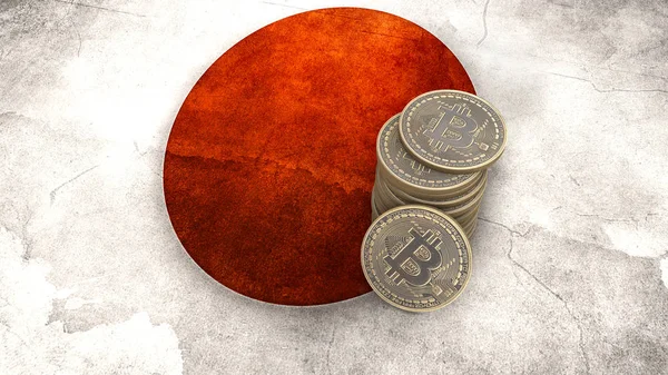 Bitcoin sikke yığını Japonya bayrağı üzerinde duruyor. 3D render