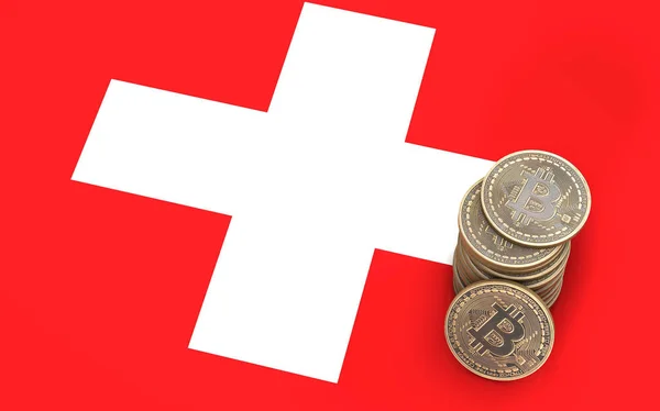 Een stapel van Bitcoin munten staat op de vlag van Zwitserland. 3D render — Stockfoto