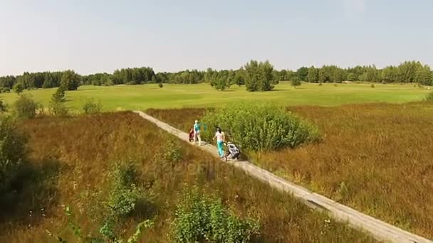 Een drone vliegt over een groene golfbaan waar mensen lopen — Stockvideo