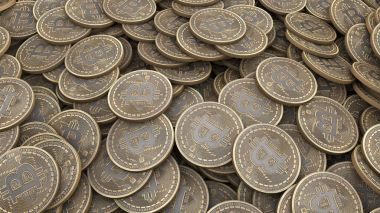 Bir sürü Bitcoin altın sikke. 3D render