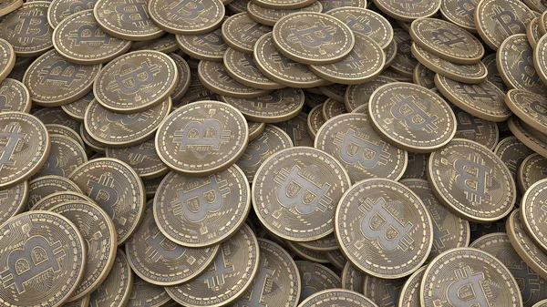 Bir sürü Bitcoin altın sikke. 3D render