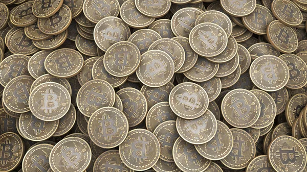 Een heleboel Bitcoin gouden munten. 3D render — Stockfoto